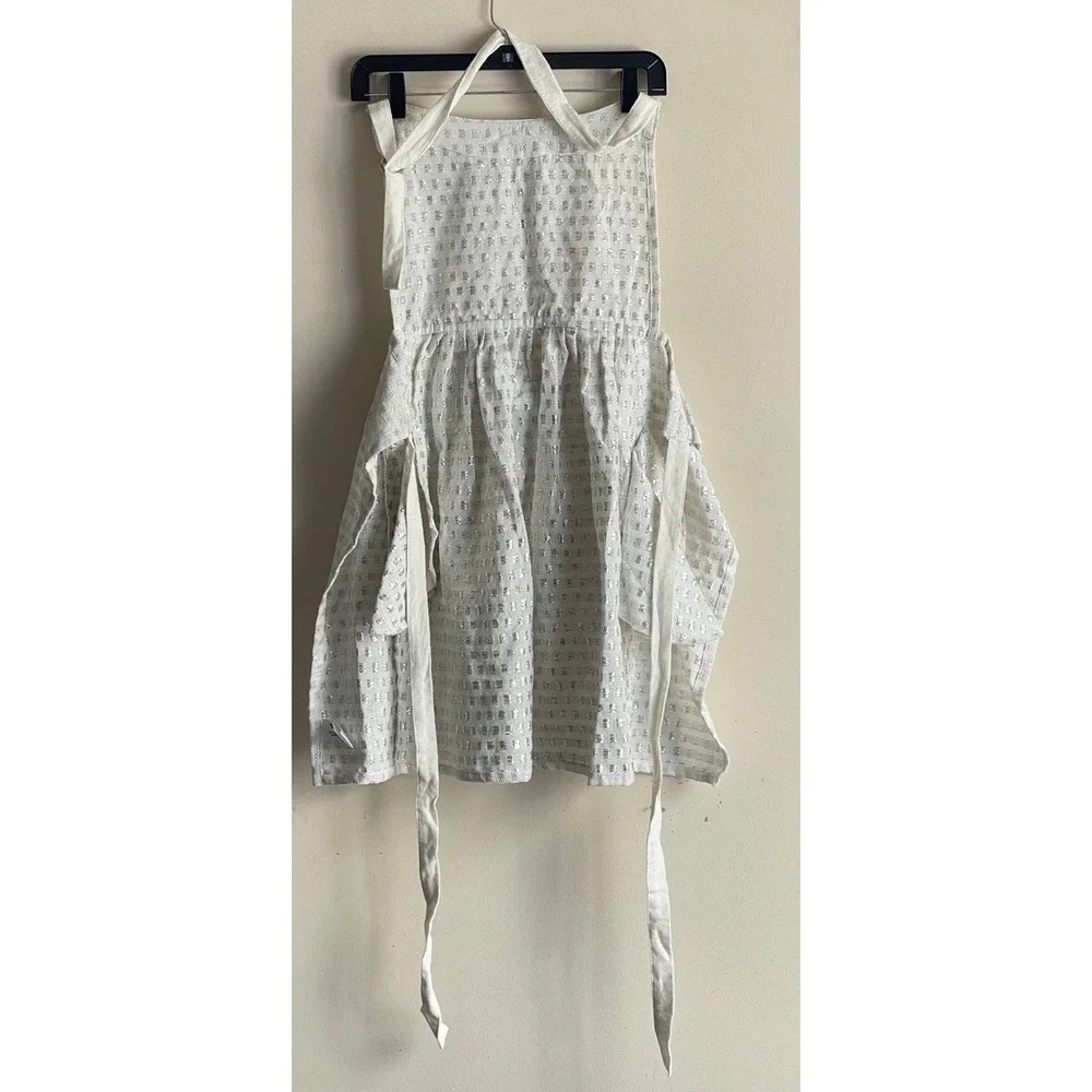 NWT Envogue Silver Lurex Shimmer Apron Bow Front Cotton White Coquette Pockets M